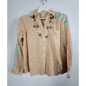 Buby's Womens Sequin Embellished Button-Up Shirt Medium Beige Camel Cotton New